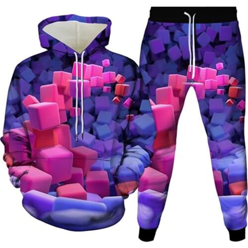 Color Geometric Patterns Cube Print Men Clothes Hoody Sweatshirt+Jogger Pant 2PcSet Women Long Sleeve Tracksuit Plus Size S-6XL