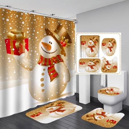 Bipoobee Merry Christmas Bathroom Curtains Sets Snowman Gift Shower Curtain Set Bath Mats Rugs Non Slip Rug Toilet Cover