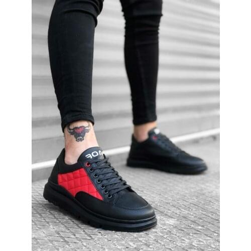 BA0180 Laced Quilted Embossed Black Red High Outsole Male Boots