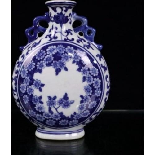 China Blue and white ceramic double ear flat vase crafts statue