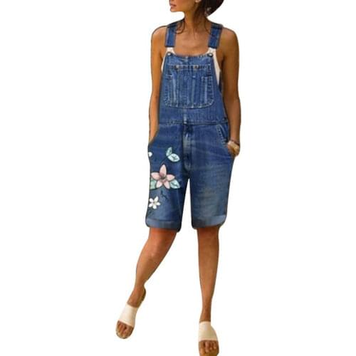 Summer Denim Playsuit Women Casual Floral Print Spaghetti Strap Short Denim Jumpsuits Female Pockets Vintage Jeans Shorts Ladies