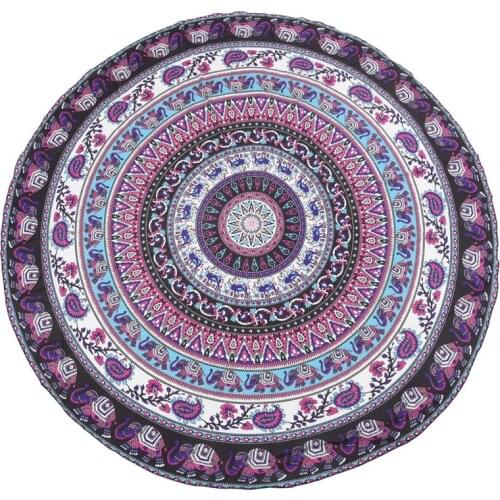 Round Print Bohemian Mandala Tapestry Wall Hanging Picnic Beach Towel Blanket Purple Elephant Mandala
