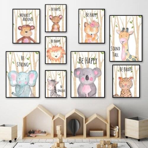 Cartoon Flower Branch Koala Mouse Fox Animals Nordic Posters And Prints Wall Art Canvas Painting Wall Pictures Kids Room Decor