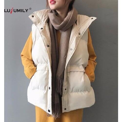 Lusumily New Arrivals Winter Women Down Vest Warm Korean Style Cotton Padded Sleeveless Jacket Female Turn-down Collar Waistcoat
