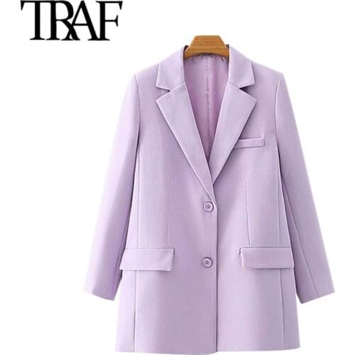 TRAF Women Fashion Office Wear Single Breasted Blazer Coat Vintage Long Sleeve Pockets Female Outerwear Chic Tops