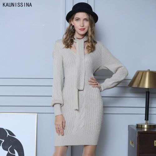 Women Basic Long Sweater Dress Winter Autumn V-Neck Long Sleeve Elegant Solid Color Slim Knitted Dresses Pullovers Jersey Dress
