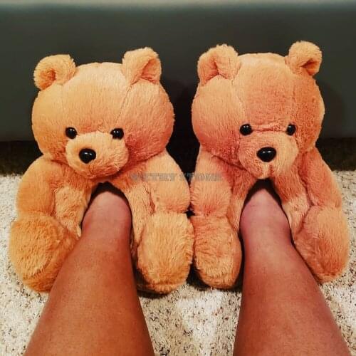 Plush Teddy Bear House Slippers Brown Women Home Indoor Soft Anti-slip Faux Fur Cute Fluffy Pink Slippers Women Winter Warm Shoe