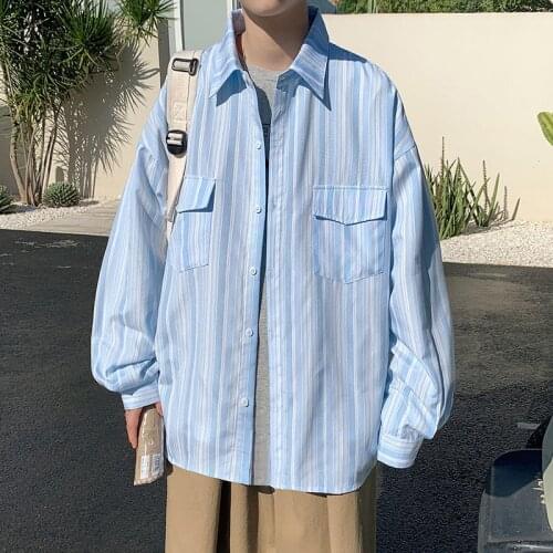 Striped Long Sleeve Shirts For Men Casual Summer Trend Pocket Male Clothes Loose Youth Outer Wear Top Student Coat Spring Autumn