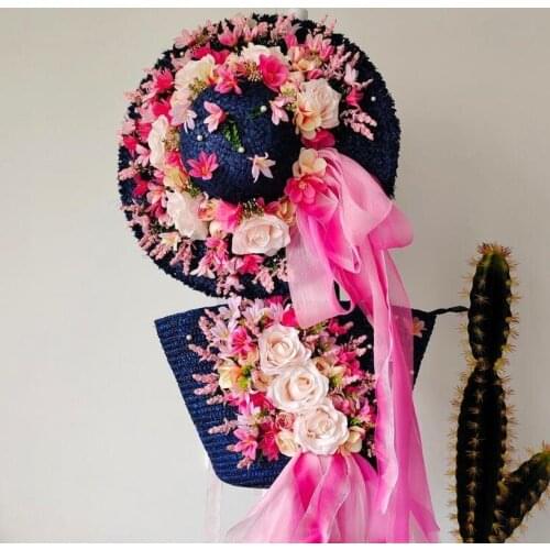 Sunmmer Bag Straw Flower Handbag Women Fashion Handmade Weave Rattan Big Beach Bag Holiday Casual Tote with Raffia Hat 2021