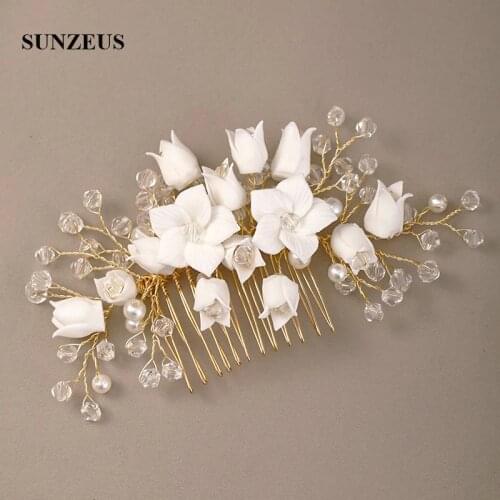 White Flowers Wedding Comb Hand-made Gold Bridal Head Piece Bride Accessories New SQ462
