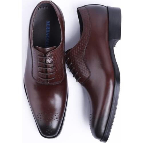2021 Genuine Leather Mens Casual Shoes Italian Handmade Lace Up Black Brown Oxfords Business Leisure Shoe Wedding Wear