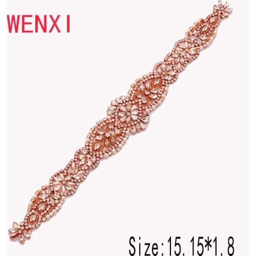 WENXI 30 PCS Wholesale Bridal Hand Beaded Rose Gold Rhinestones Appliques for Wedding Dress Sash Accessory WX963