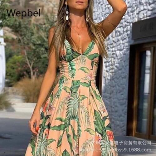Wepbel Waist-Controlled Dresses Big Swing Women Beach Dress V-neck Printed Summer Split Expansion Dress Low Cut Vestidos