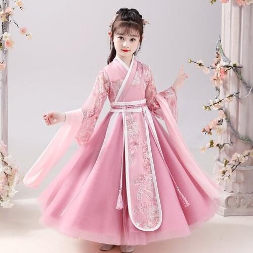 XinHuaEase Girls Hanfu Dresses Embroidered Princess Skirt Chinese National Style Retro Traditional Folk Kids Oriental Ancient