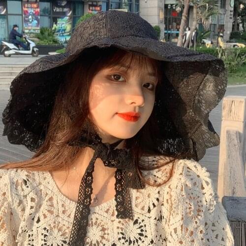 Summer Floral Lace Beach Sun Cap Visor Strap Wide Brim Floppy Hats for Women Girl Caps Elegant Wedding Hat Sombreros De Sol 2021