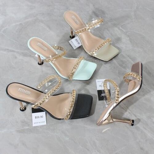 Womens Sandals 2021 Summer New PVC Rhinestone Chain High Heel Sandals Stiletto Fashion Party Womens Shoes 10CM