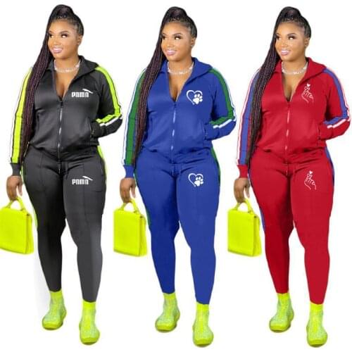 Plus Size S-4XL Two Piece Set Women Zipper Striped Top Slit Pants Casual Jogger Outfit Matching Set Mujor Wholesale Dropshipping