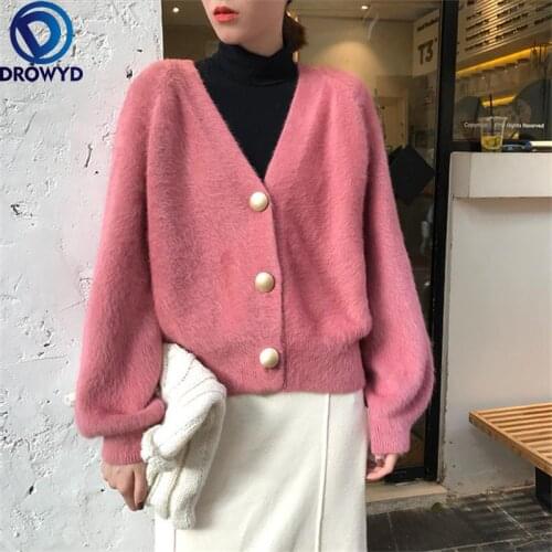 Women Short Wool Cardigan Cashmere Crop Sweater Solid Tops Winter Ladies V neck Jacket Female Loose Casual Thick Clothes korean