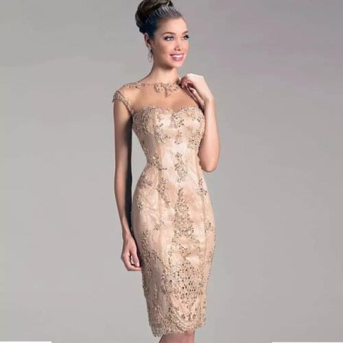 Champagne Mother Of The Bride Dresses Sheath Lace Beaded Knee Length Short Wedding Party Dress Mother Dresses For Wedding