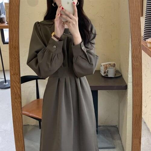 Plus Size 4XL 2020 Autumn Women Dress Vintage O-Neck Ladies Vestidos Solid Color Brand Robe Long Sleeve Elegant Dresses Women