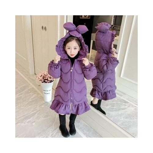 2-7 Y Cute Baby Girls Winter Long Coat Fashion Korean Kids Girl Lovely Hooded Parkas Children Bow Ruffles Cotton-padded Jackets