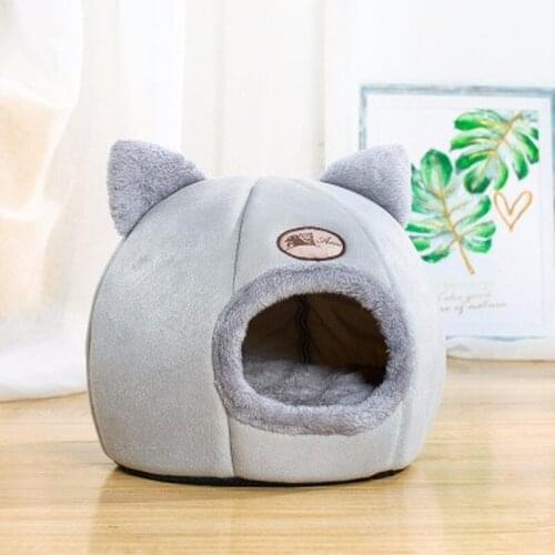 Winter Warm Pet Beds Cute Cat Head Shape House Puppy Bed Foldable Velvet Beds for Kitten Rabbit Small Dog Removable Pets Cave