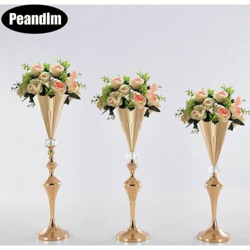 PEANDIM Gold Trumpet Flower Vase Table Centerpiece Flowers Rack Party Road Lead Floor Flower Holder Home Decoration 10pcs/lot