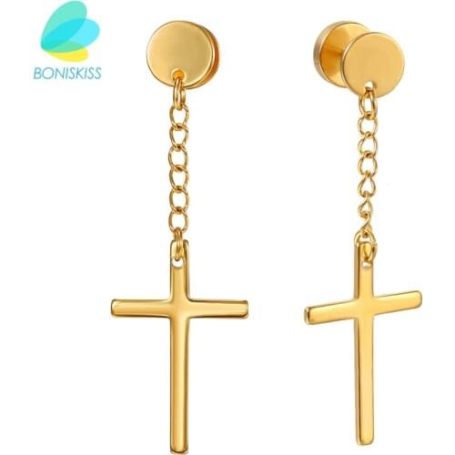 Boniskiss New Religion Type Cross Stud Earrings For Women Men Gold Color Stainless Steel Earring Jewelry Boucle D Oreille