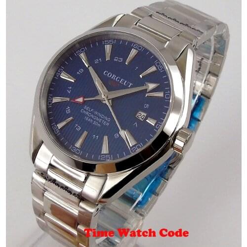 41mm Corgeut Automatic Mens Wristwatch GMT 3804 Movement Blue Dial Sapphire Glass Date Indicator Luminous Mechanical Watches