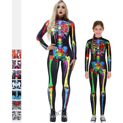Flower Skeleton Cosplay Jumpsuit For Kids Sexy Halloween Costumes For Woman Family Clothing Day of The Dead