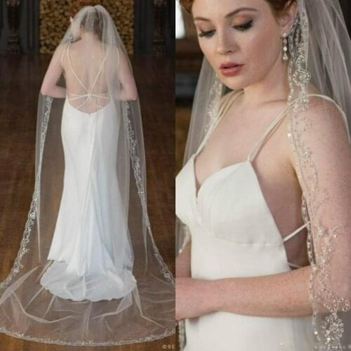 Long Wedding Bridal Veils White Ivory Cathedral Length Beaded Shiny Sequins Edge