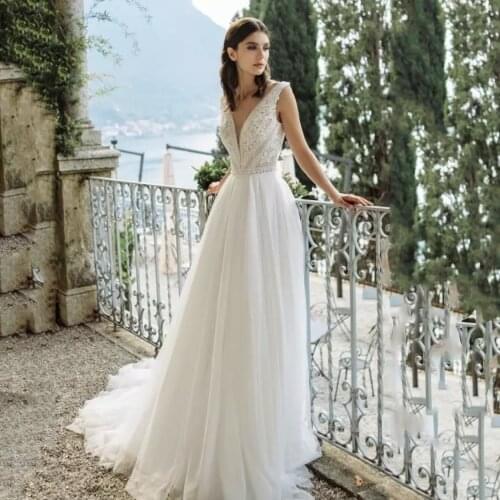 Civil V-Neck Wedding Dress 2021 A-Line Lace Embroidery Bow Chiffon Backless Sweep Train Formal Bridal Gown Vestidos De Noiva