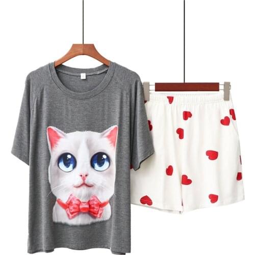 Summer New Pajamas Womens Modal Printed Cartoon Cat Short Sleeve Shorts Home Suit Sleepwear
