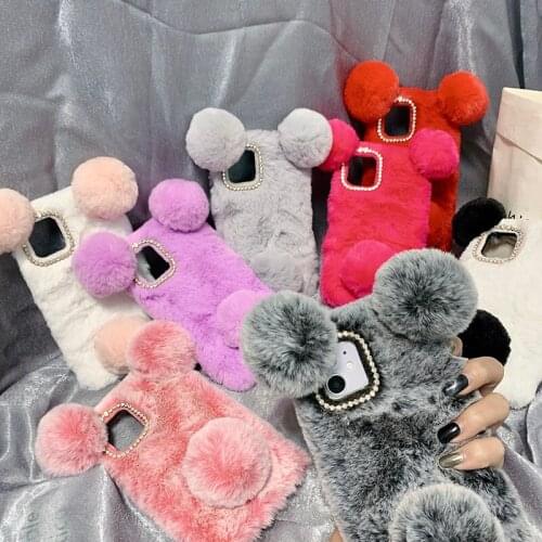 3D Cute panda Hairy Warm Fur case for Xiaomi Mi CC9 CC9e A1 A2 8 Lite 9 SE Mix 2 2S Max Bling Rhinestone Plush panda Cover