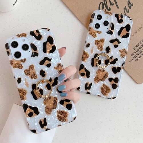 Fashion Leopard Bling Shell Pattern Soft Phone Case for iPhone 12 Mini 11 Pro XS Max XR X SE 2020 Finger Ring Stand Holder Cover