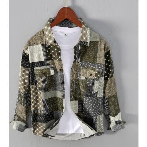 1255 Men Irregular Plaid Shirts Japan Style Loose Casual Natural Simple Color Patch Double Pocket Long Sleeve Lapel Tops Male