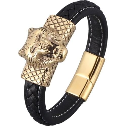 Classic Black Braided Leather Bracelets Bangles Men Stainless Steel Wolf Head Magnetic Clasp Punk Male Jewelry Wristband PD0890