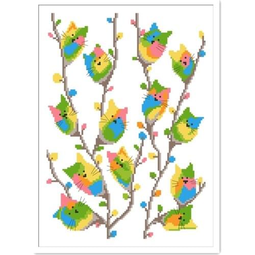 Colored cats on willow cross stitch kits package 18ct 14ct 11ct cloth silk cotton thread embroidery DIY handmade needlework