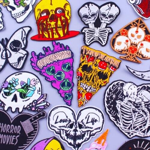 Punk Pizza Skull Embroidered Patches For Clothing Thermoadhesive Patches Biker Iron On Patches On Clothes Rock Clorhing Stickers