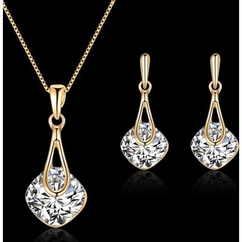 Hot Fashion Women Water Drop Pendant Square Rhinestone Ear Stud Earrings Necklace Lady Jewelry Set