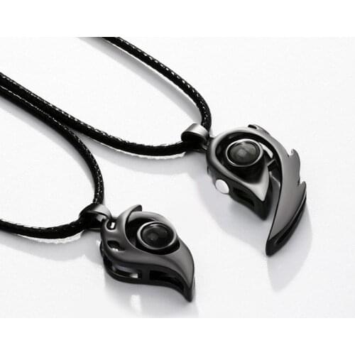 2PCS Stainless Steel 100 Languages I Love You Projection Magnetic Couple Necklace Heart Shape Necklace Jewelry Lover Gifts