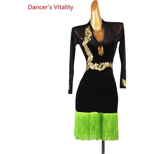Latin Dance Dress Tassel Lace Skirt Mesh Long Sleeves Performance Clothes Profession Custom Adult Child Competition Clothing