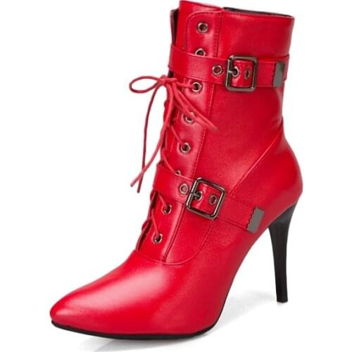 Plus Size 50 Ankle Boots Women Lace-up Zipper Thin High Heels Boots Point Toe Fetish Shoes Sexy Party Wedding Ladies Shoes 3993