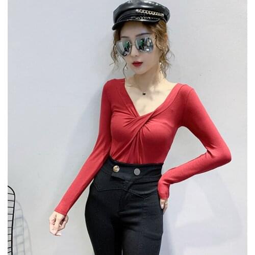 Vintage T-Shirt Sexy Solid T Shirt Women Long Sleeve V Neck Cotton 2020 Woman Tops Korean Fashion Clothes Tee Shirt Femme