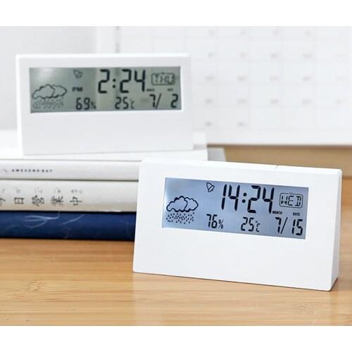 Japanese Simple Style White Digital Alarm Clock Modern Electronic Clock Temperature Humidity Clock Students Desktop Room Bedside