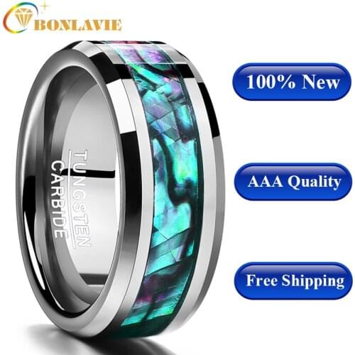BONLAVIE Jewelry 8MM Inlaid Abalone Shell Beveled Steel Tungsten Carbide Ring Wedding Jewelry Valentine Gift Men Jewelry