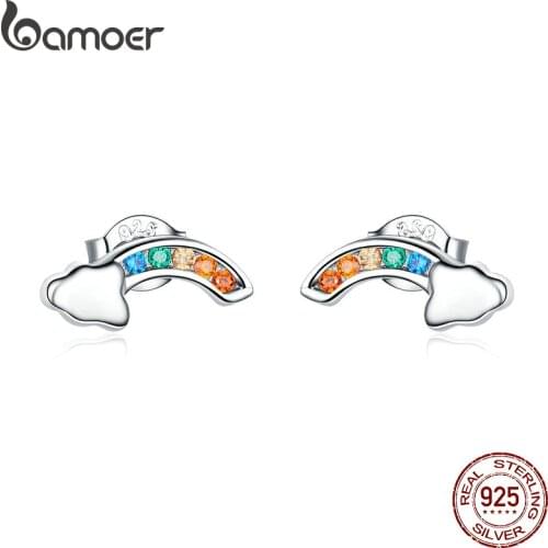 BAMOER 2019 New Authentic 925 Sterling Silver Colorful Rainbow and Cloud Stud Earrings for Women Korean Ear Jewelry SCE500