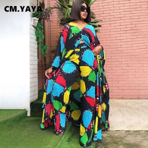 CM.YAYA Women Plus Size Set Print Full Sleeve X-long Single Breasted Tops Wide Leg Pants Two 2 Piece Sets Fashion Outfit Summer