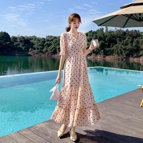 Women Dot Beige Maxi Dress Summer 2021 Runway Elegant Vintage Korean Retro Fairy Casual Sea Beach Vacation Party Vestidos New