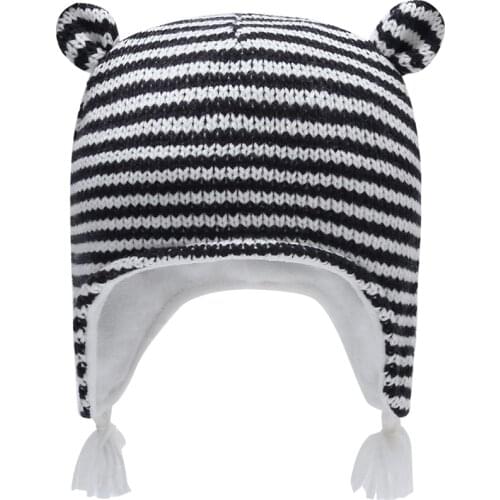 Winter Hat Boy Girl Earflap Beanie Fleece Stripe Knit Acrylic Warm Autumn Skiing Outdoor Accessory Toddler Baby